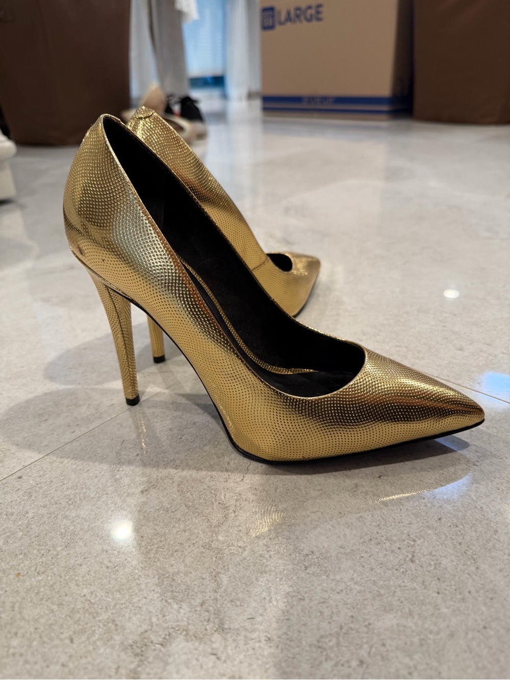 Aldo Metallic Gold Pointed-Toe Stiletto Pumps - Picture 3 of 4